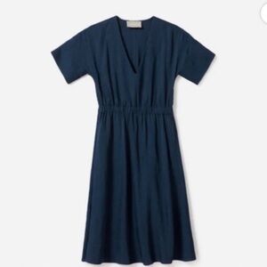Brand New Everlane Navy V-Neck Japanese GoWeave Pullover Cinch Waist Dress